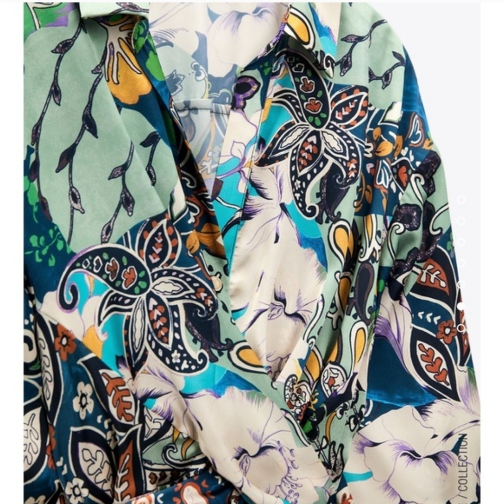 Zara Patchwork Print Satin Effect Multicolored Dr… - image 4